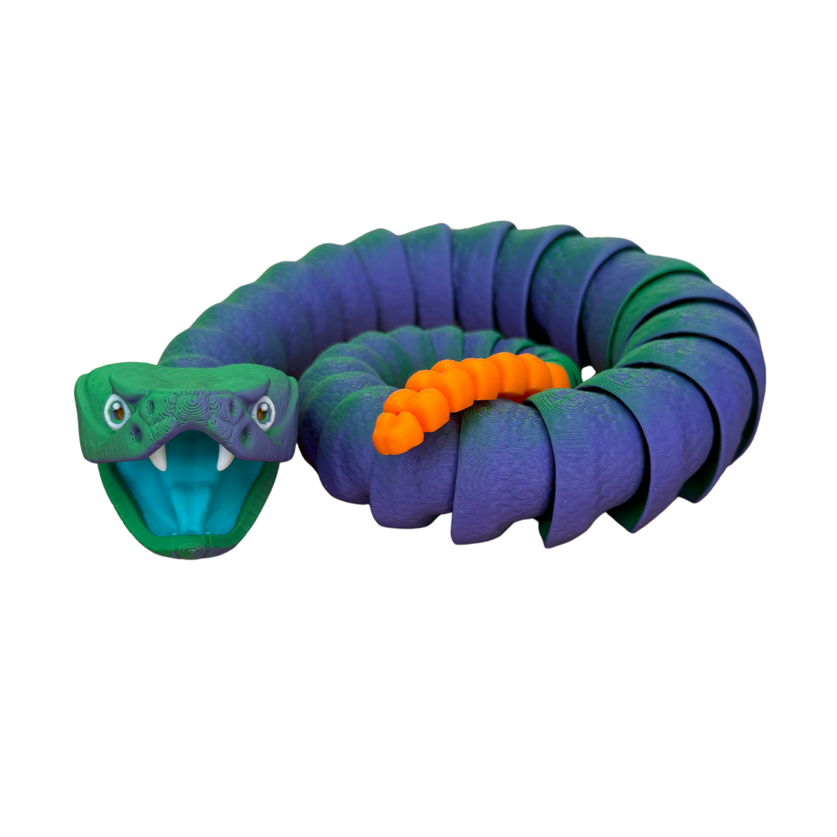 Blue Green Rattle Snake toy with segmented purple-blue body, green head, and orange tail rattles, resembling a coiled serpent.